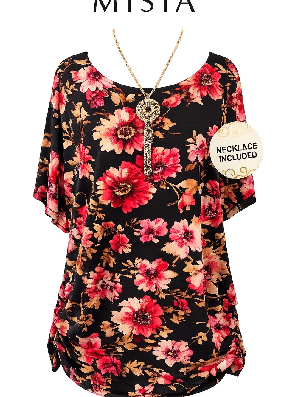 Misia Black Floral Scoop-Neck Tunic with Necklace NWT